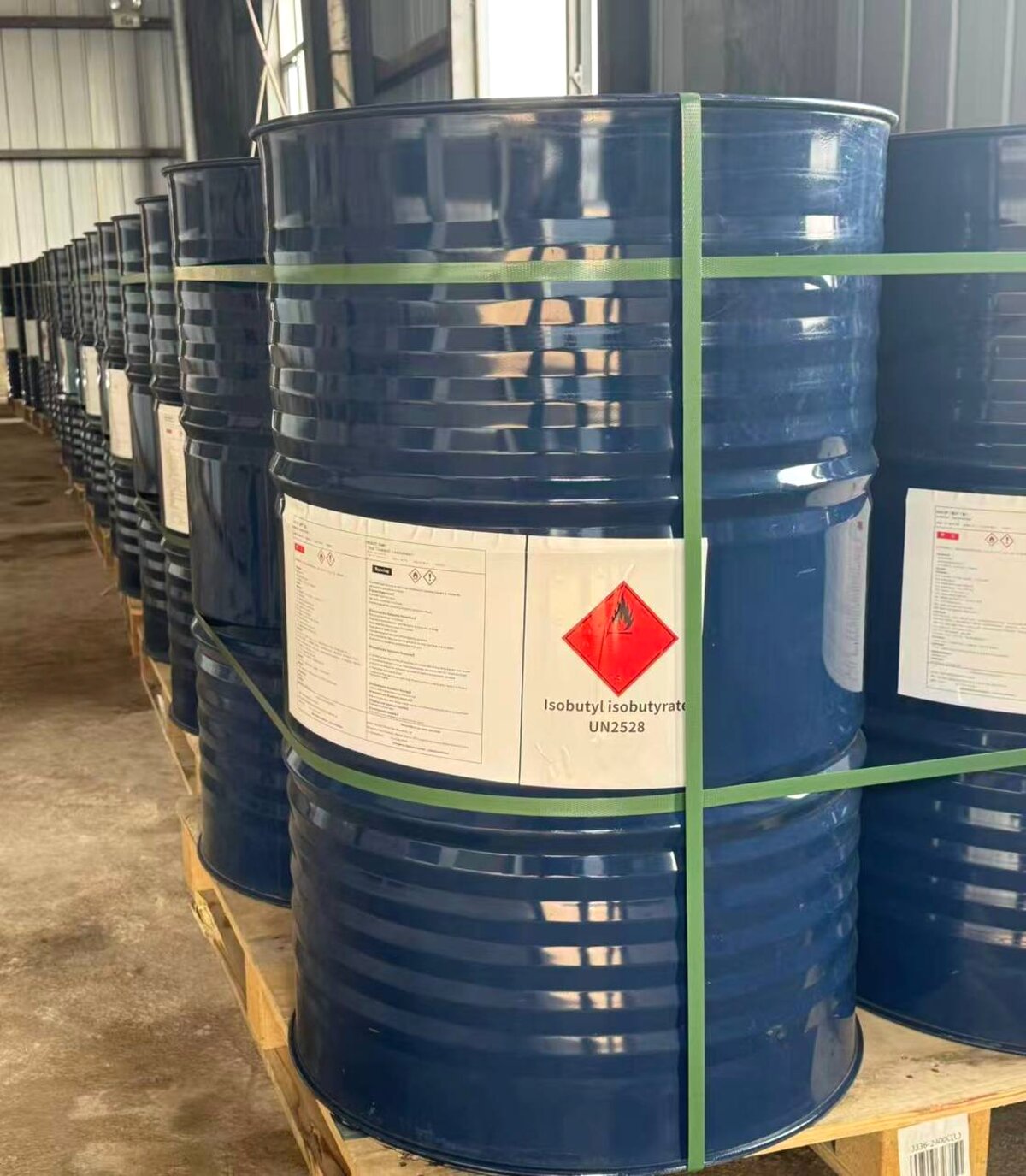 IBIB Isobutyl Isobutyrate drums with UN2528 hazmat labels ready for export